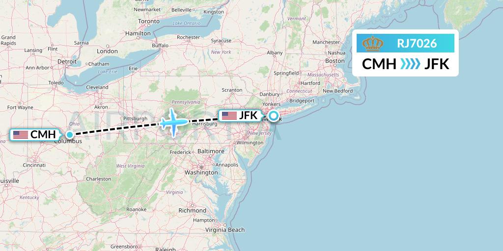 RJ7026 Royal Jordanian Flight Map: Columbus to New York