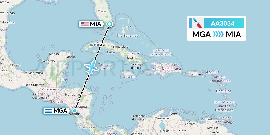 AA3034 American Airlines Flight Map: Managua to Miami