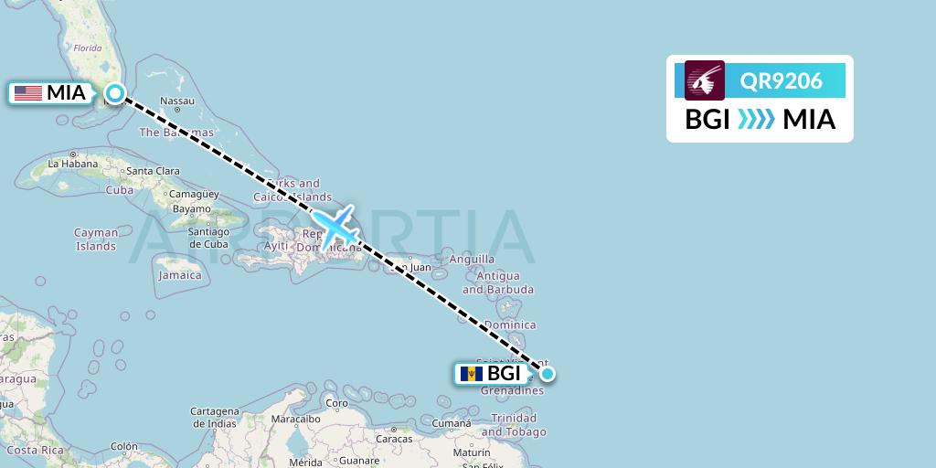 QR9206 Qatar Airways Flight Map: Bridgetown to Miami
