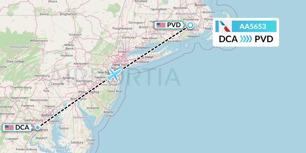 AA5653 American Airlines Flight Map: Washington to Providence