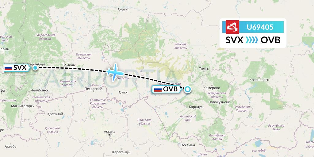 U69405 Ural Airlines Flight Map: Yekaterinburg to Novosibirsk