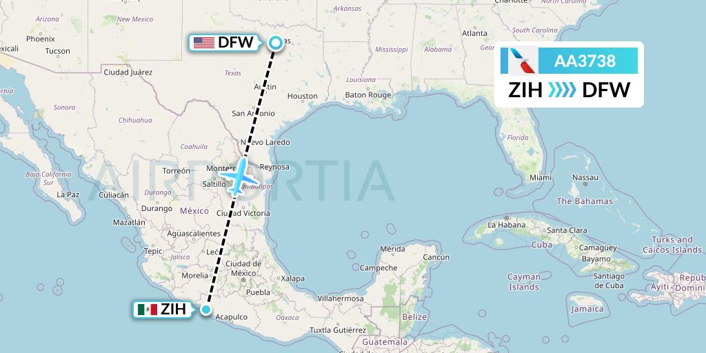 AA3738 American Airlines Flight Map: Zihuatanejo to Dallas
