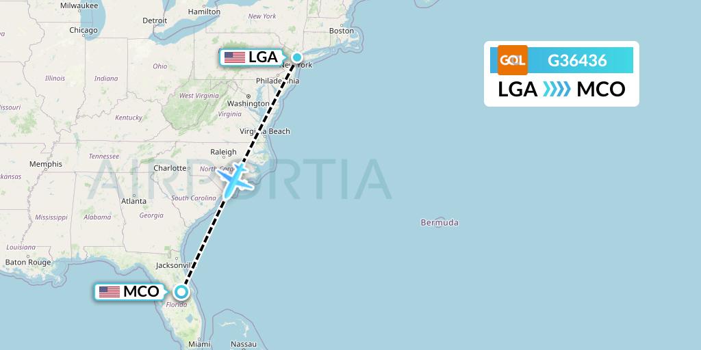 G36436 GOL Transportes Aeros Flight Map: New York to Orlando