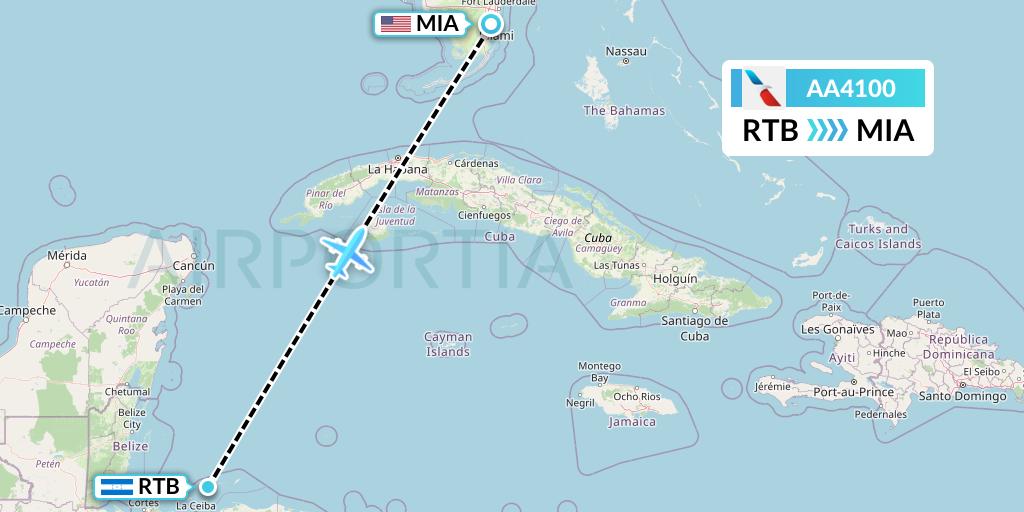 AA4100 American Airlines Flight Map: Roatan to Miami
