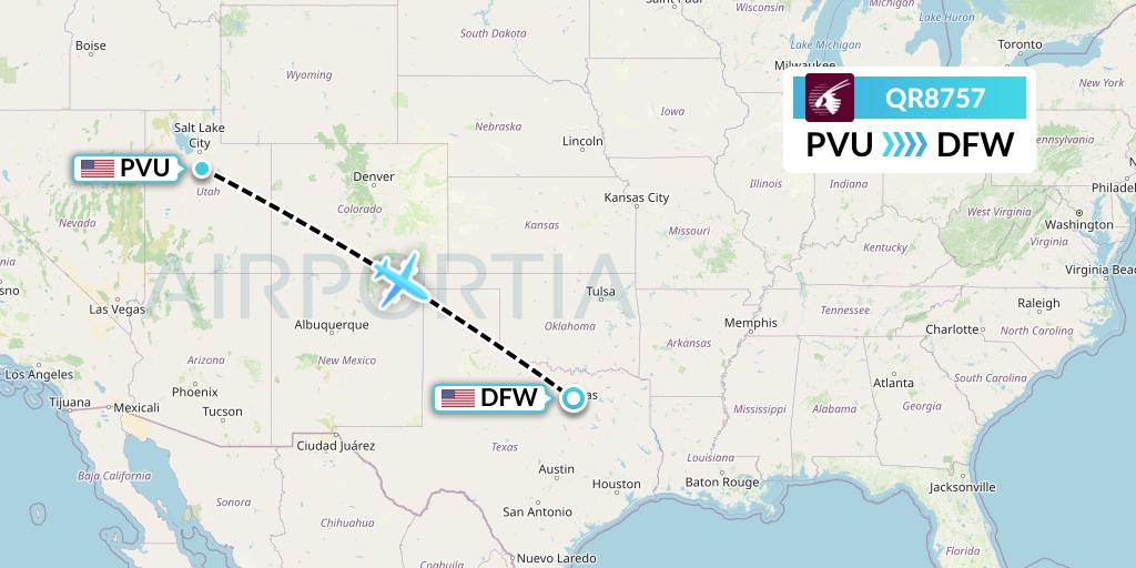 QR8757 Qatar Airways Flight Map: Provo to Dallas