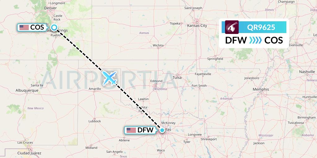 QR9625 Qatar Airways Flight Map: Dallas to Colorado Springs