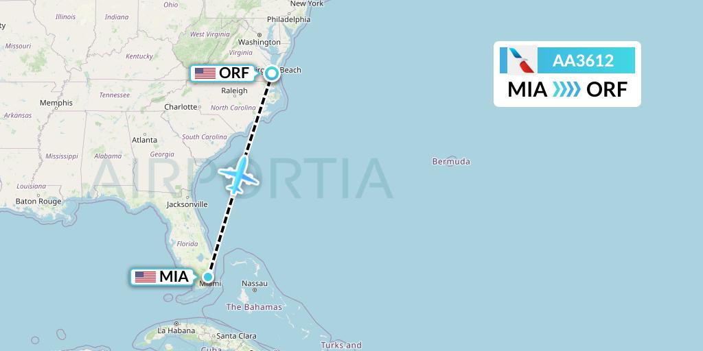 AA3612 American Airlines Flight Map: Miami to Norfolk