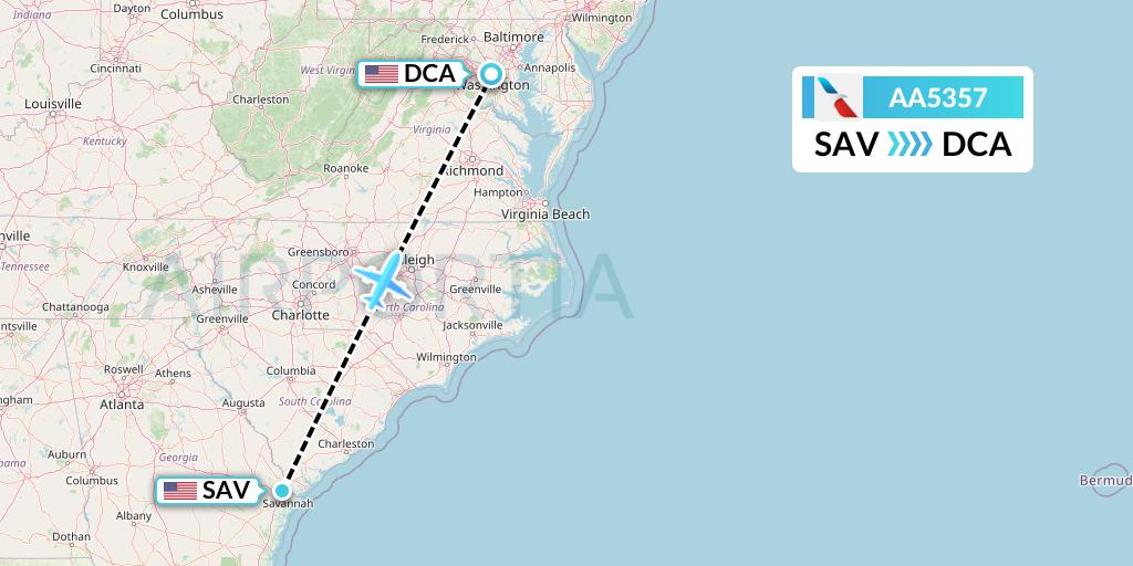 AA5357 American Airlines Flight Map: Savannah to Washington