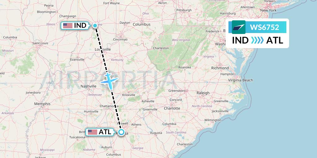 WS6752 WestJet Flight Map: Indianapolis to Atlanta