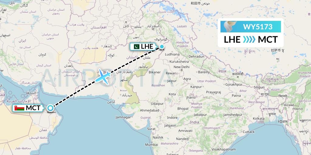WY5173 Oman Air Flight Map: Lahore to Muscat