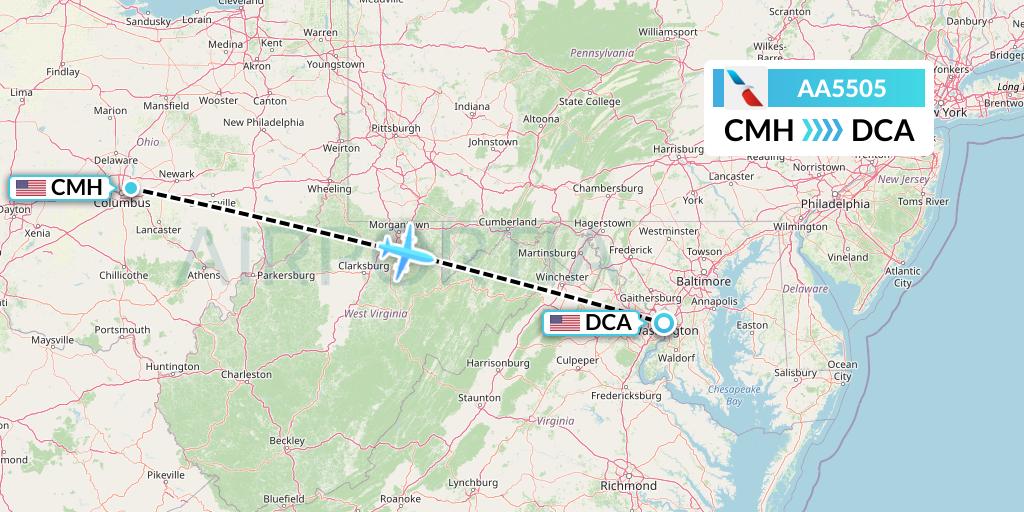 AA5505 American Airlines Flight Map: Columbus to Washington