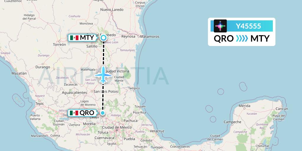 Y45555 Volaris Flight Map: Queretaro to Monterrey