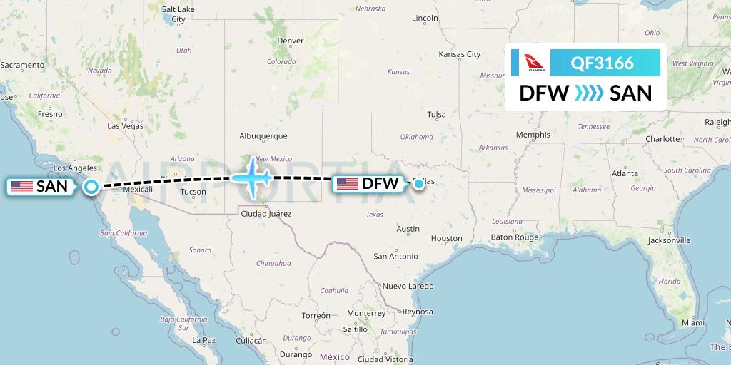 QF3166 Qantas Flight Map: Dallas to San Diego