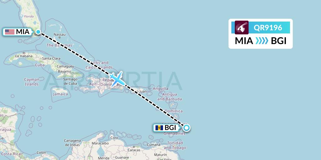 QR9196 Qatar Airways Flight Map: Miami to Bridgetown