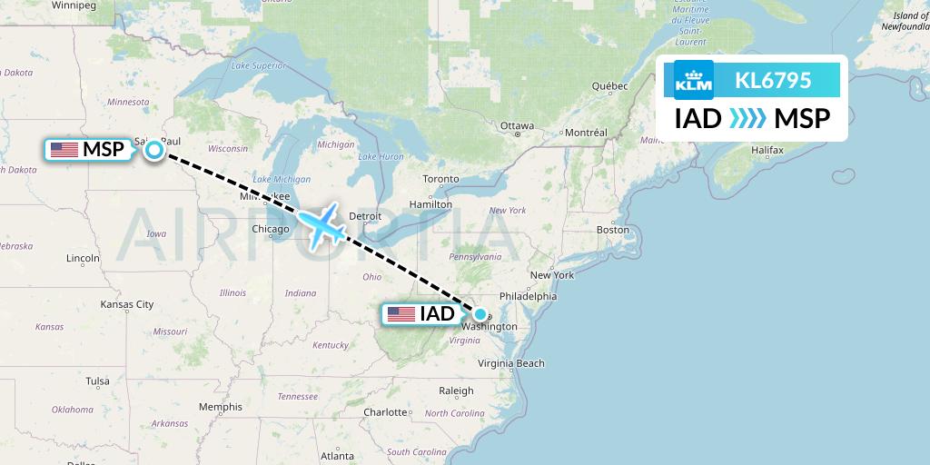 KL6795 KLM Flight Map: Washington to Minneapolis