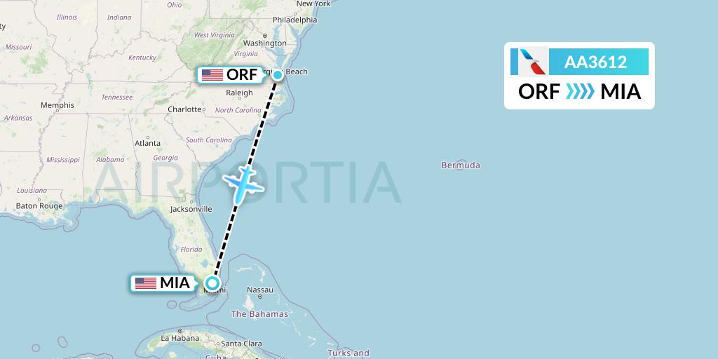 AA3612 American Airlines Flight Map: Norfolk to Miami