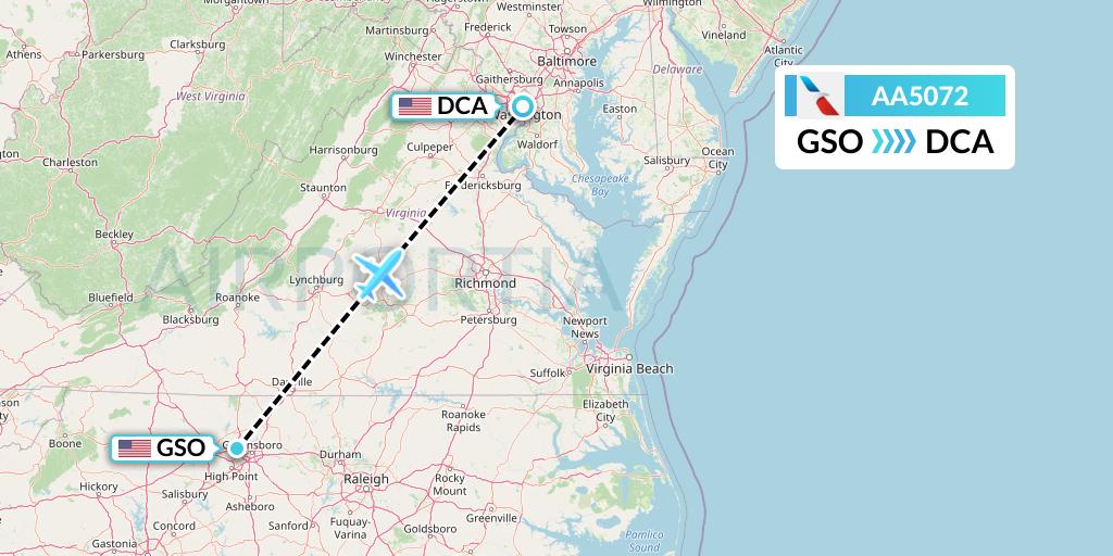 AA5072 American Airlines Flight Map: Greensboro to Washington