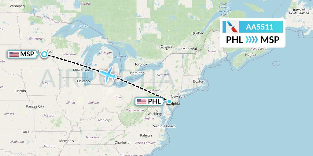 AA5511 American Airlines Flight Map: Philadelphia to Minneapolis
