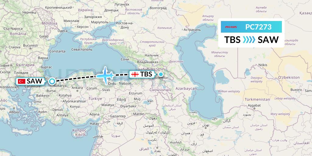 PC7273 Pegasus Airlines Flight Map: Tbilisi to Istanbul