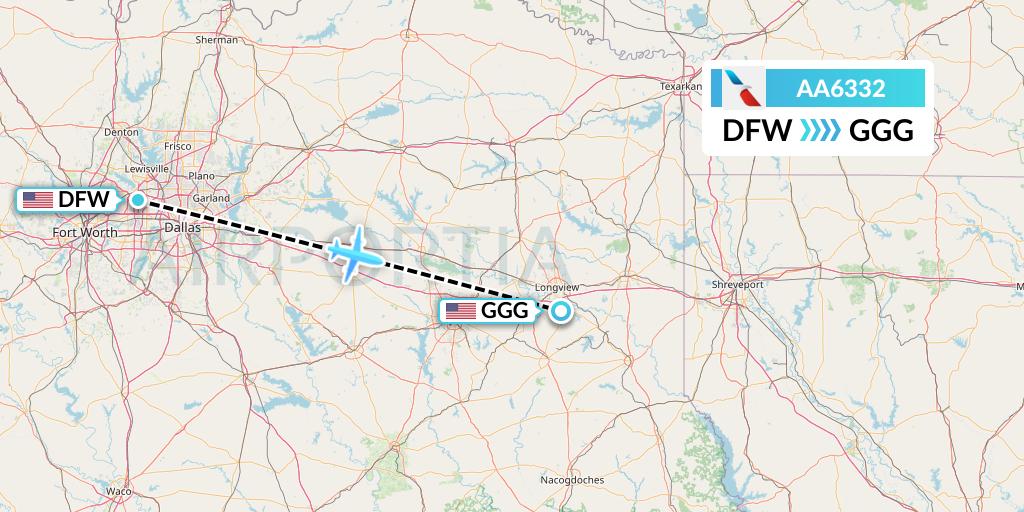 AA6332 American Airlines Flight Map: Dallas to Longview