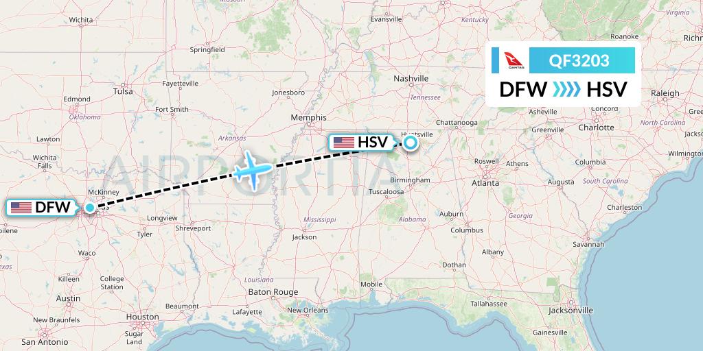 QF3203 Qantas Flight Map: Dallas to Huntsville