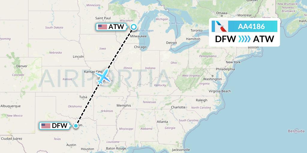 AA4186 American Airlines Flight Map: Dallas to Appleton