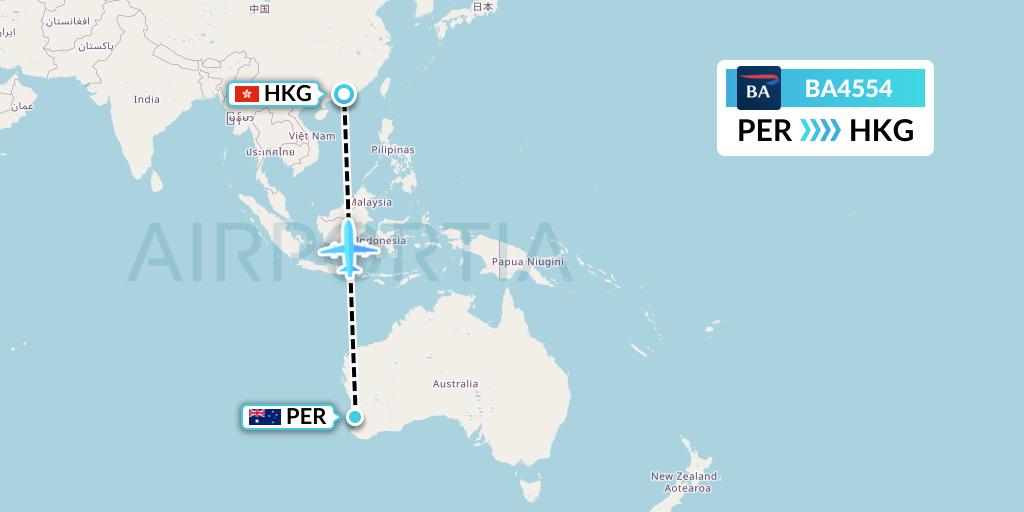 BA4554 British Airways Flight Map: Perth to Hong Kong