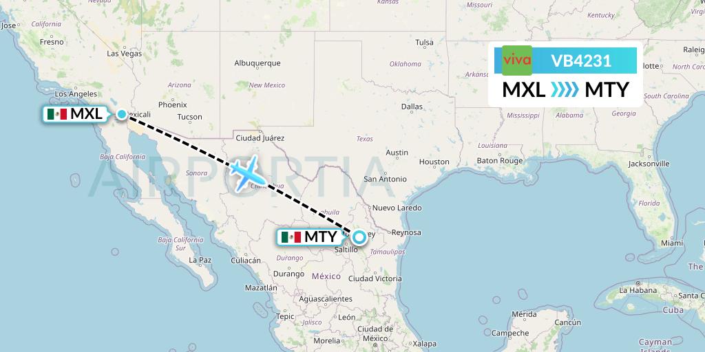 VB4231 VivaAerobus Flight Map: Mexicali to Monterrey