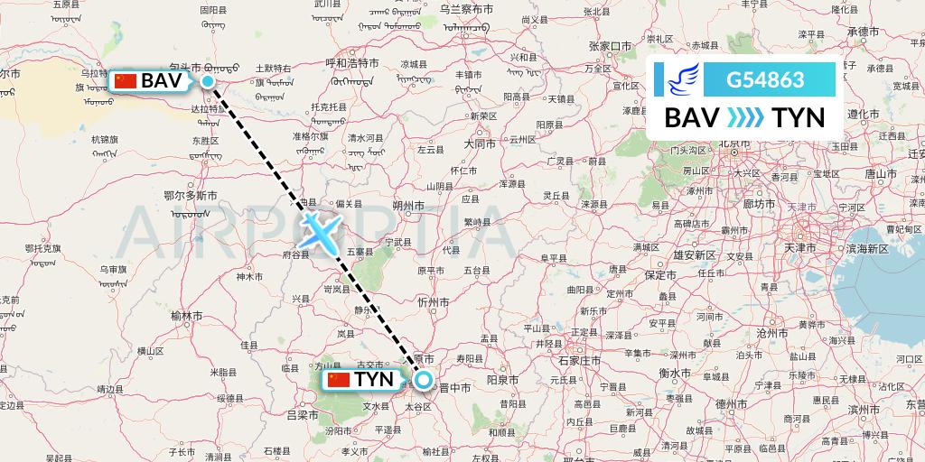 G54863 China Express Airlines Flight Map: Baotou to Taiyuan