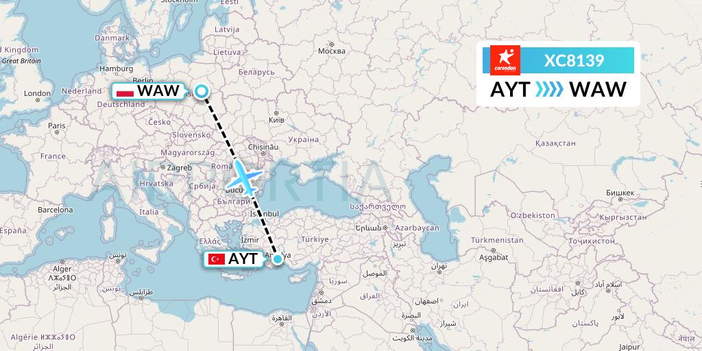 XC8139 Corendon Airlines Flight Map: Antalya to Warsaw
