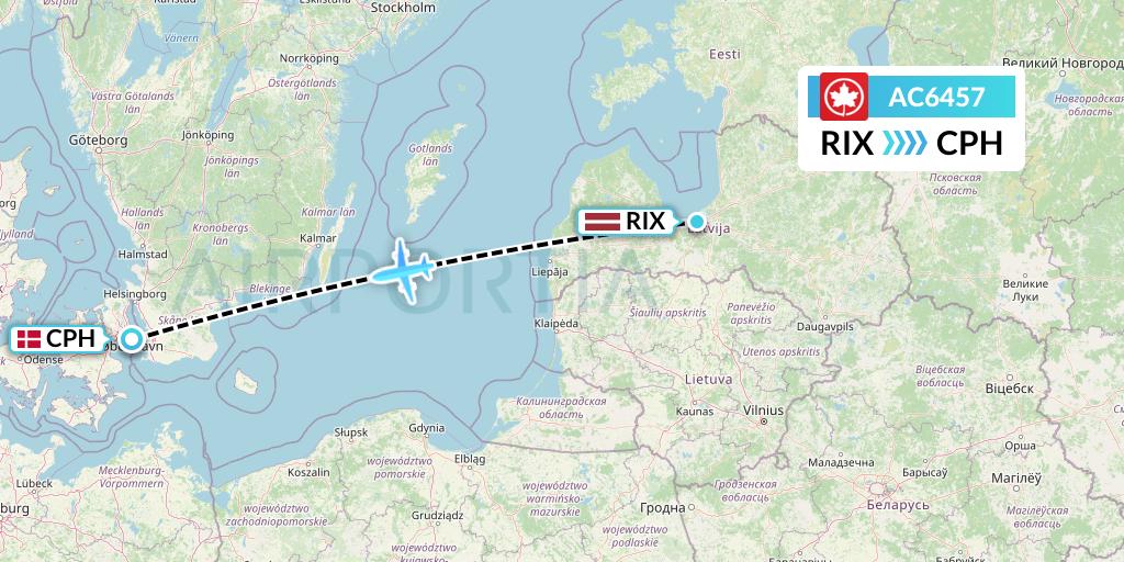 AC6457 Air Canada Flight Map: Riga to Copenhagen
