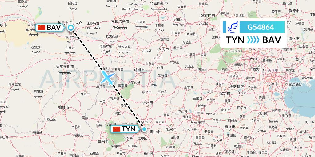 G54864 China Express Airlines Flight Map: Taiyuan to Baotou