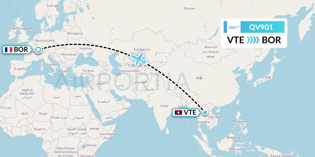 QV901 Lao Airlines Flight Map: Vientiane to Belfort