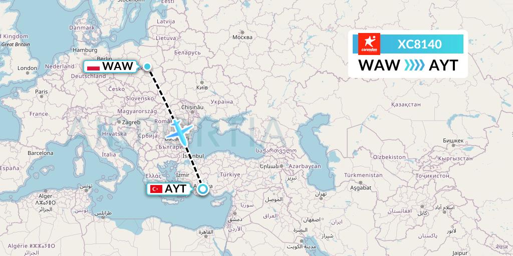 XC8140 Corendon Airlines Flight Map: Warsaw to Antalya