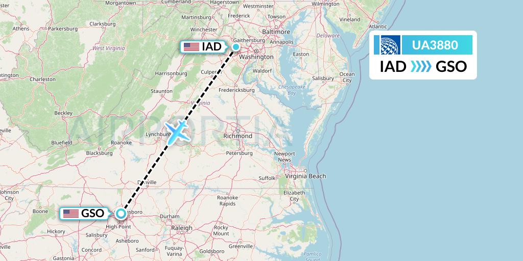UA3880 United Airlines Flight Map: Washington to Greensboro