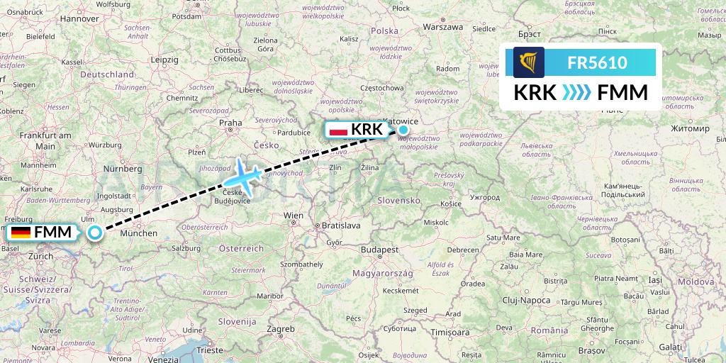 FR5610 Ryanair Flight Map: Krakow to Memmingen