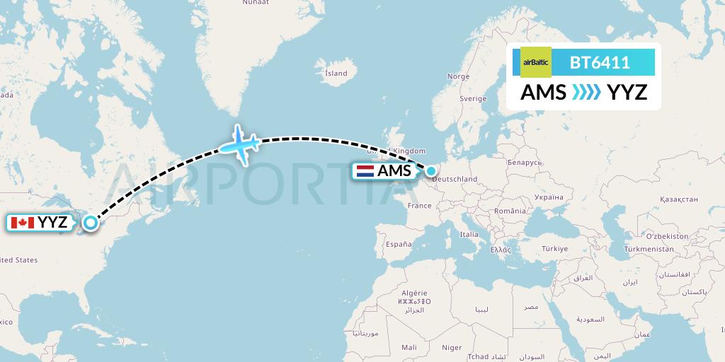 BT6411 Air Baltic Flight Map: Amsterdam to Toronto