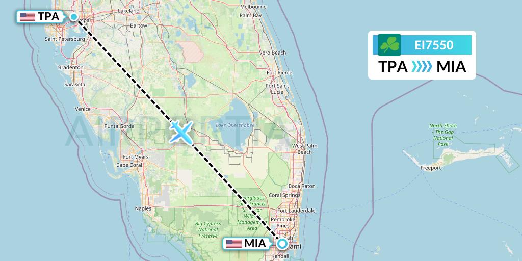 EI7550 Aer Lingus Flight Map: Tampa to Miami