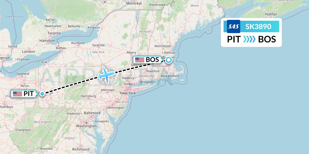 SK3890 SAS Flight Map: Pittsburgh to Boston
