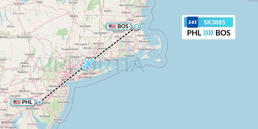 SK3885 SAS Flight Map: Philadelphia to Boston