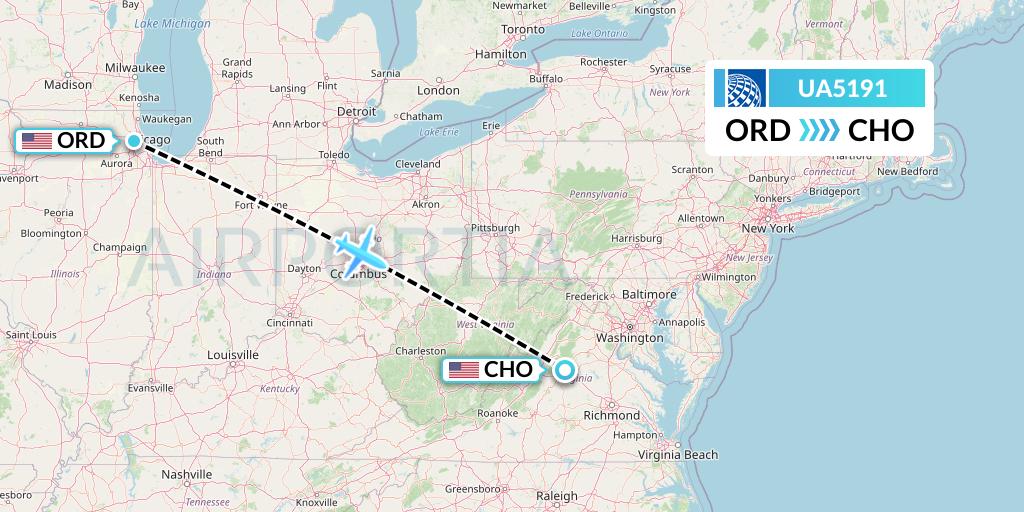 UA5191 United Airlines Flight Map: Chicago to Charlottesville