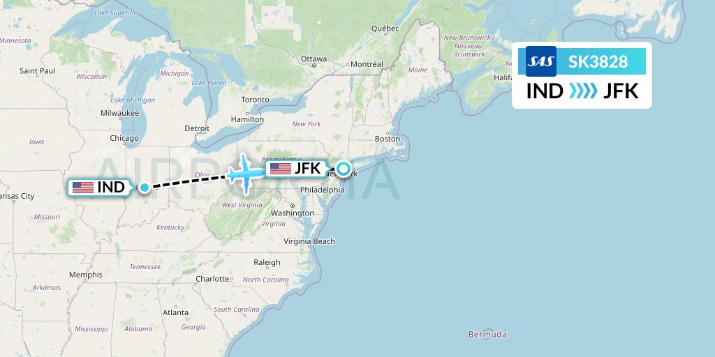 SK3828 SAS Flight Map: Indianapolis to New York