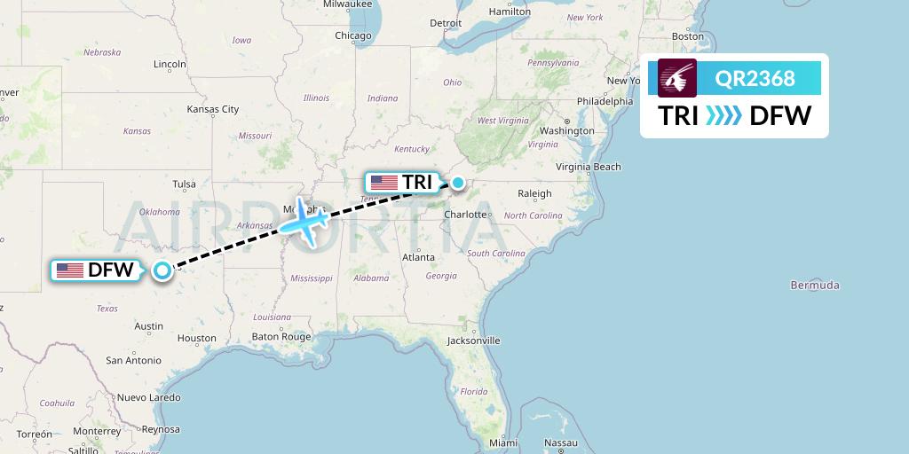 QR2368 Qatar Airways Flight Map: Blountville to Dallas