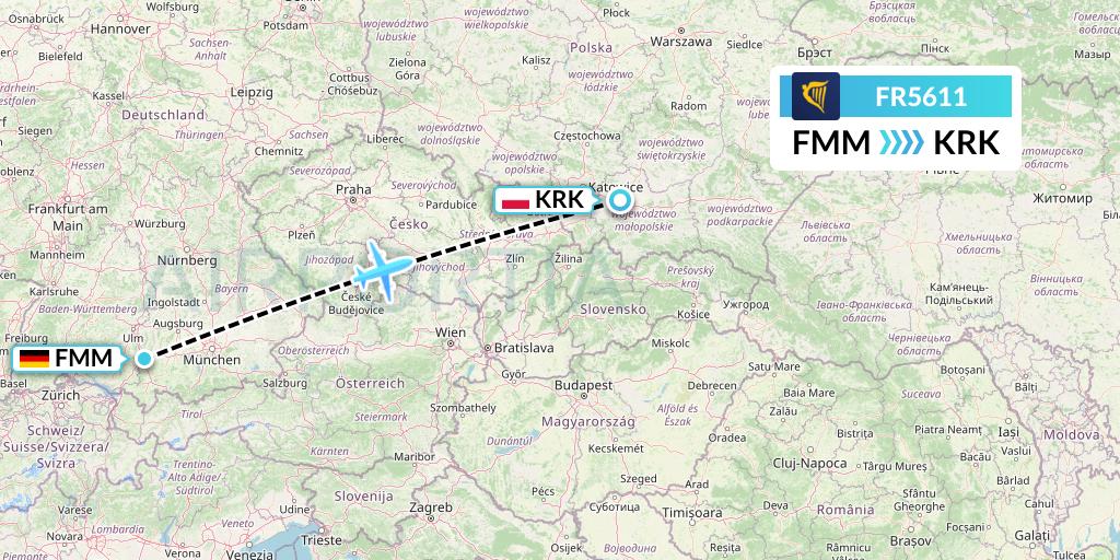 FR5611 Ryanair Flight Map: Memmingen to Krakow