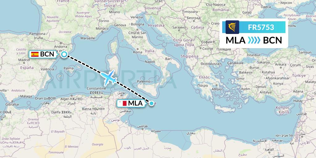 FR5753 Ryanair Flight Map: Malta to Barcelona