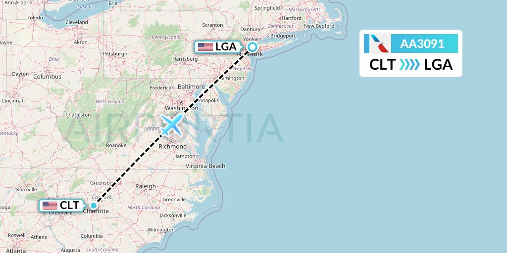 AA3091 American Airlines Flight Map: Charlotte to New York