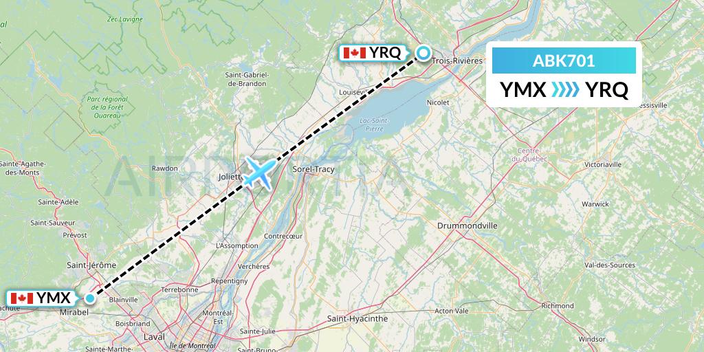 ABK701 Alberta Citylink Flight Map: Montreal to Trois-Rivieres