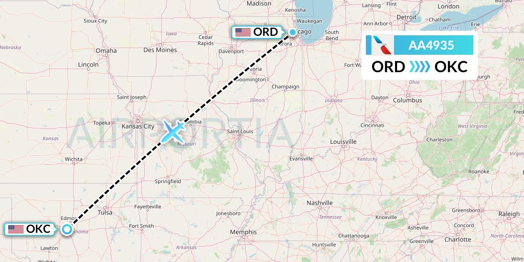 AA4935 American Airlines Flight Map: Chicago to Oklahoma City