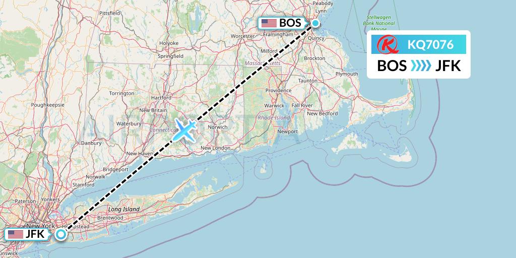 KQ7076 Kenya Airways Flight Map: Boston to New York