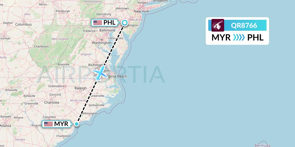 QR8766 Qatar Airways Flight Map: Myrtle Beach to Philadelphia